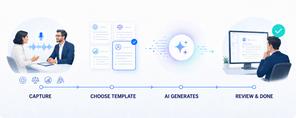 AI Scribe workflow - caputre a consultation or conversation and creating a structured draft document for review