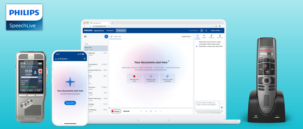SpeechLive AI Assistant with desktop, mobile and Philips devices