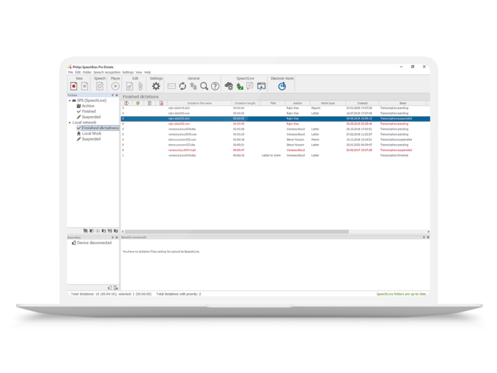 SpeechExec Pro worklist for managing professional dictation jobs