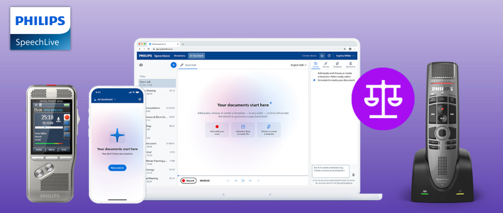 SpeechLive Legal AI Assistant interface showing conversation capture transcript and legal document creation