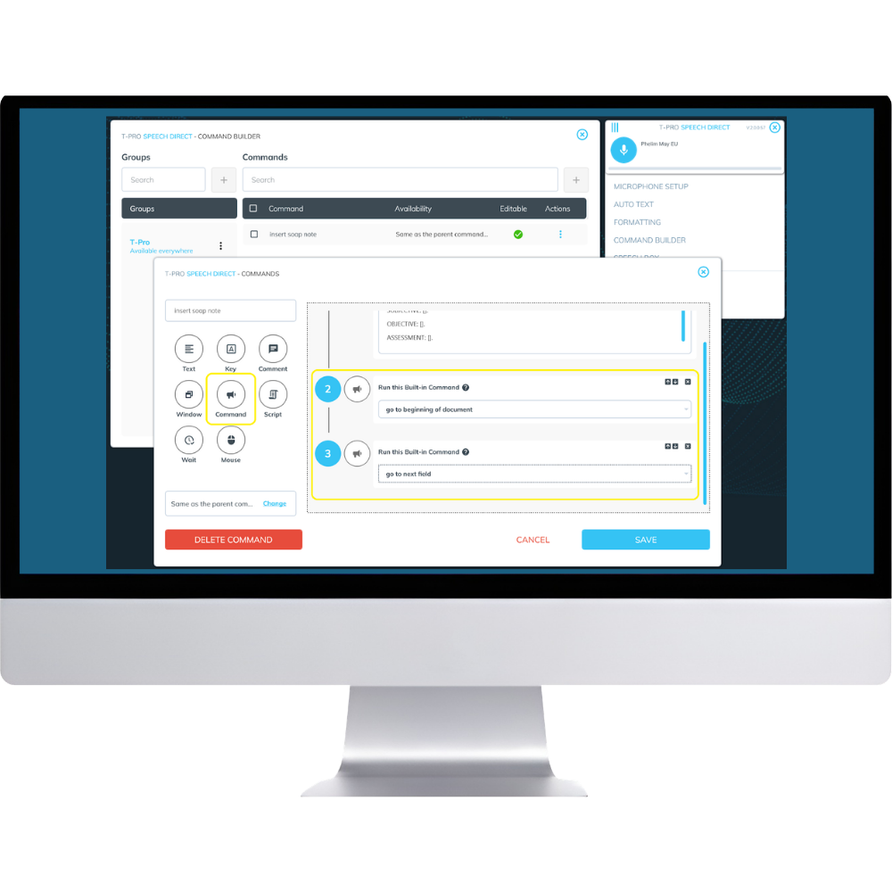 Speech Direct command sequence for structured clinical documentation