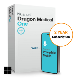 Dragon Medical One + Nuance PowerMic Mobile 2-year discounted subscription includes transferable license, technical support and Dragon training.
