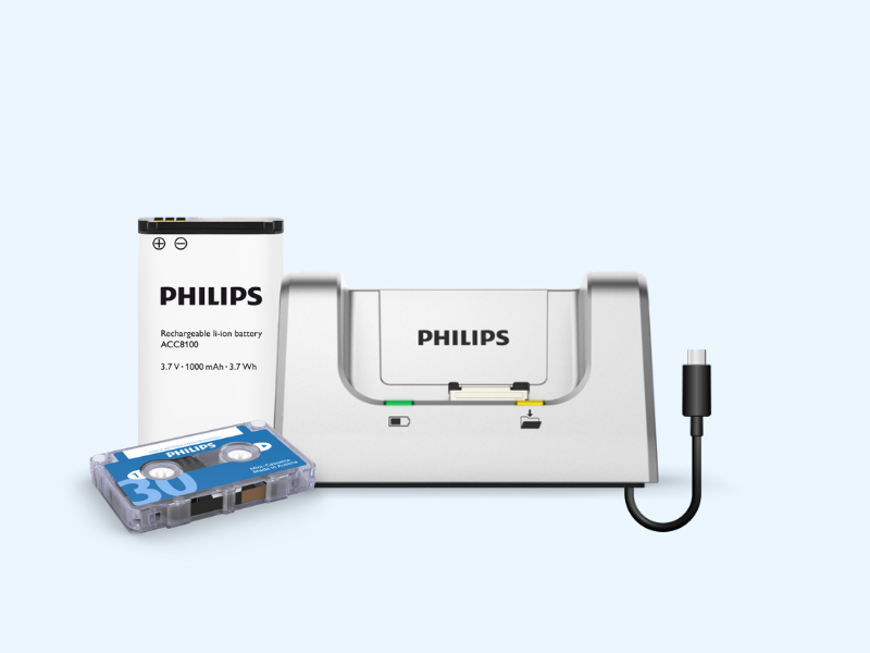 Dictation recorder accessories including docking stations, USB cables, power supplies, batteries and memory cards