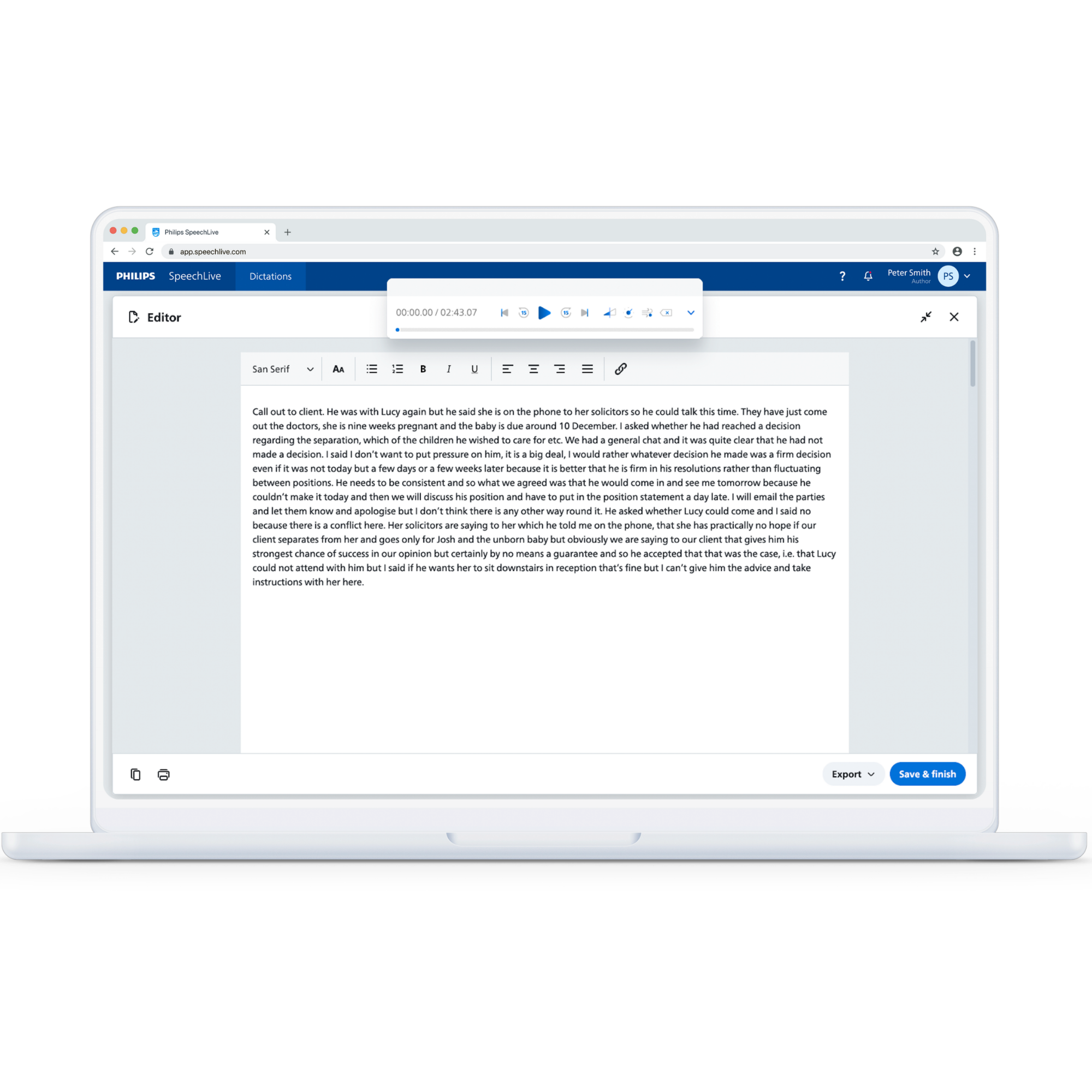 Human review of SpeechLive recognised text against the original audio