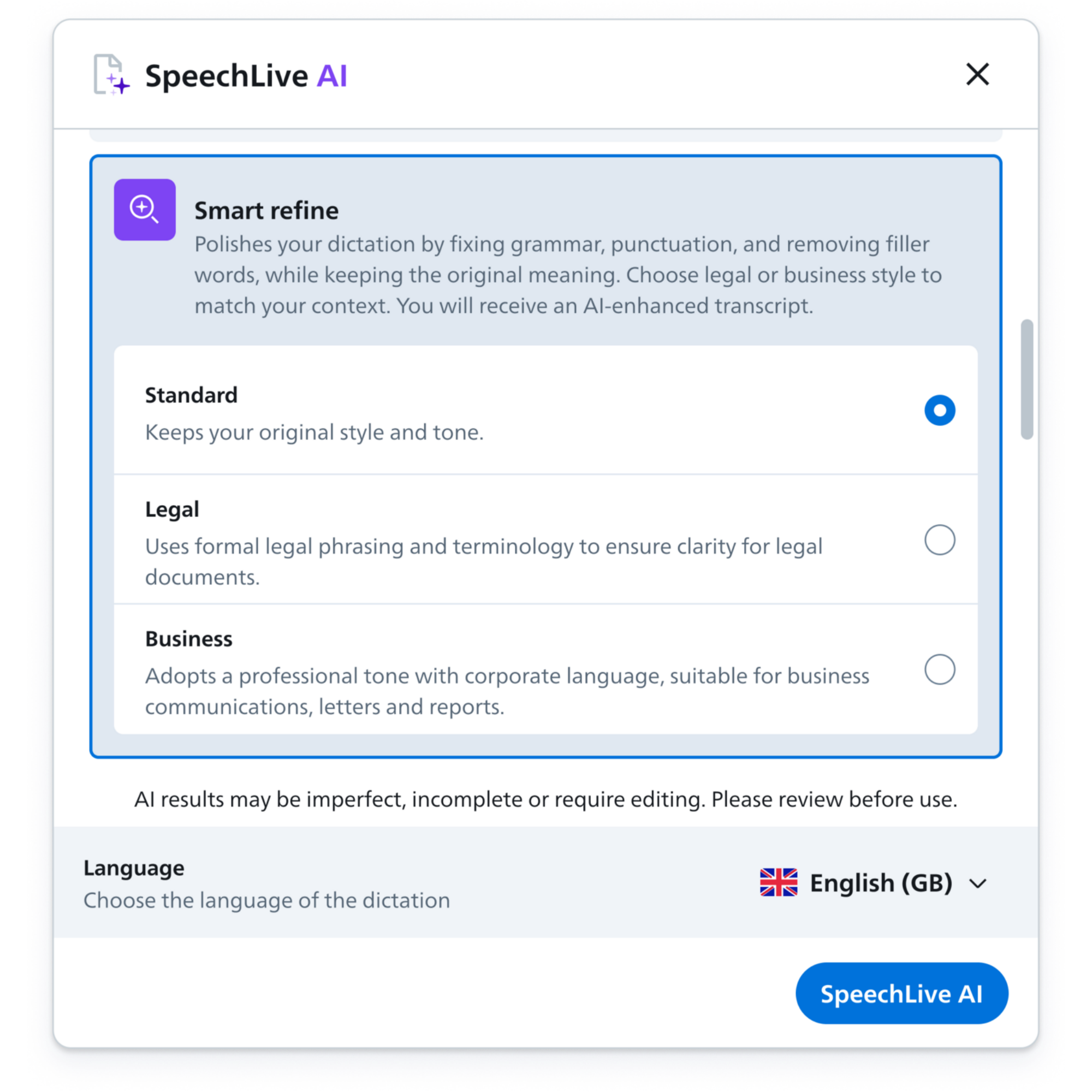 Standard SpeechLive speech recognition output
