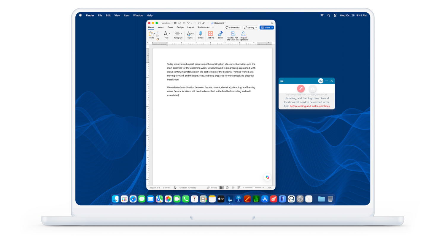 SpeechLive Professional Direct interface showing dictation at the cursor in a document