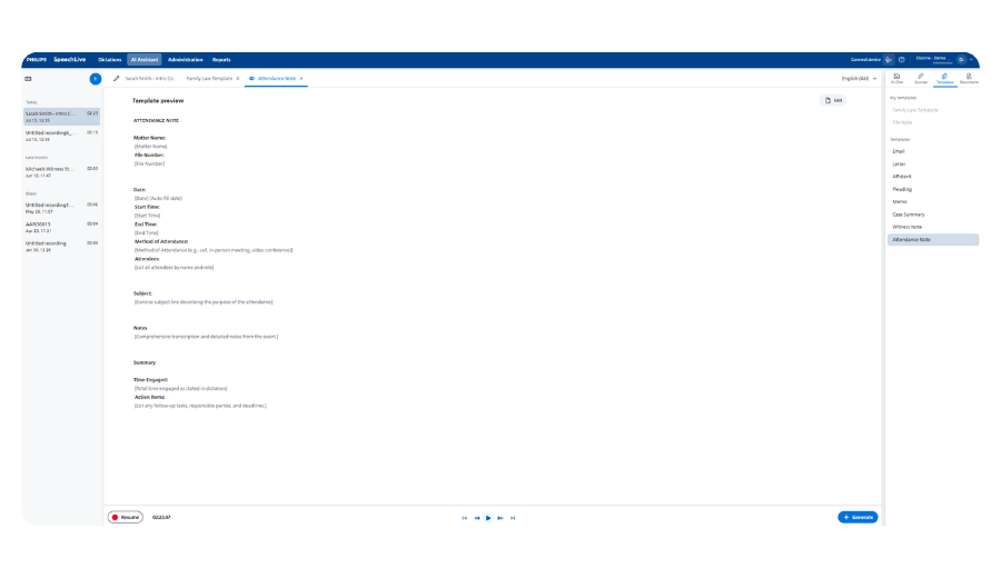 SpeechLive Legal AI Assistant maps spoken legal input to document templates