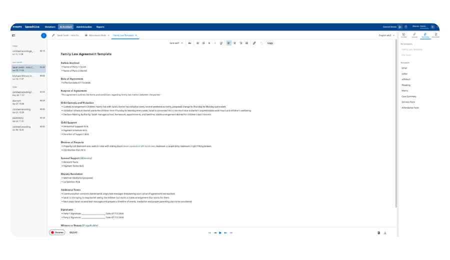 Review and refine legal documents against retained audio and transcript in SpeechLive Legal AI Assistant