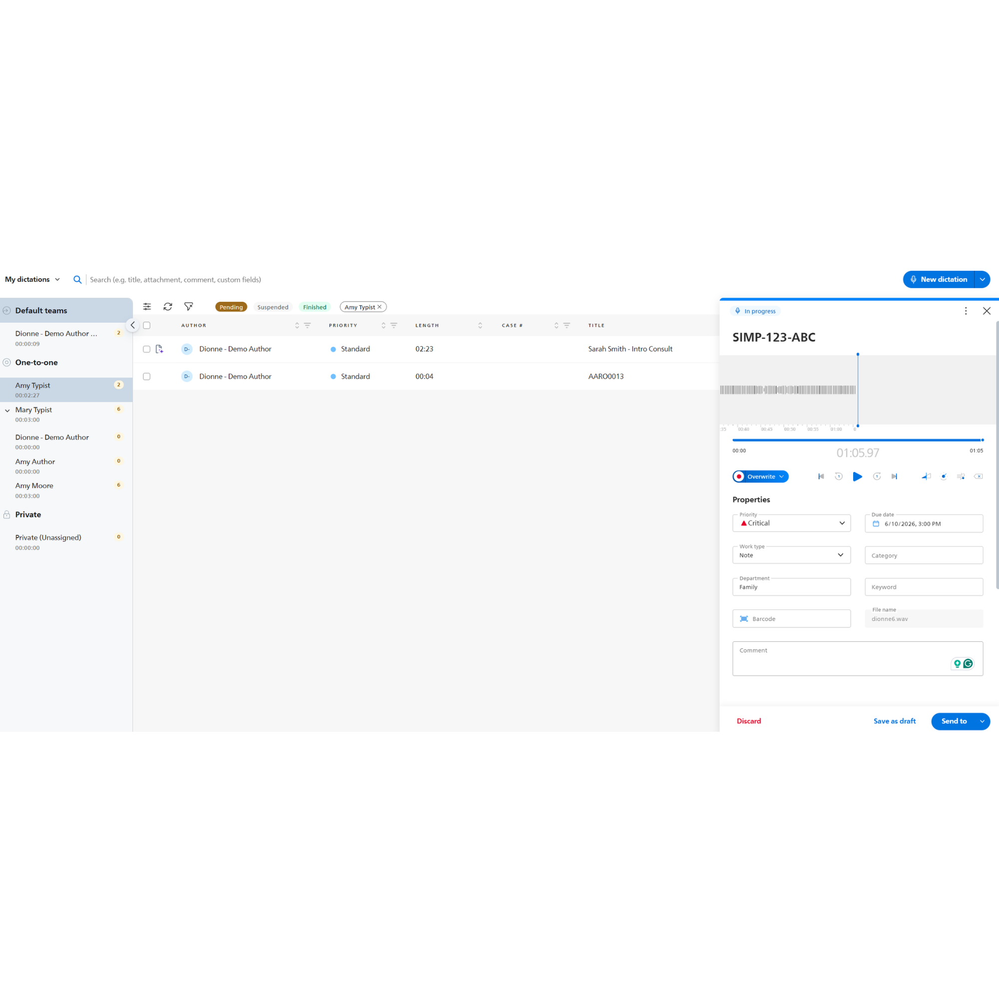 SpeechLive dictation and audio management interface