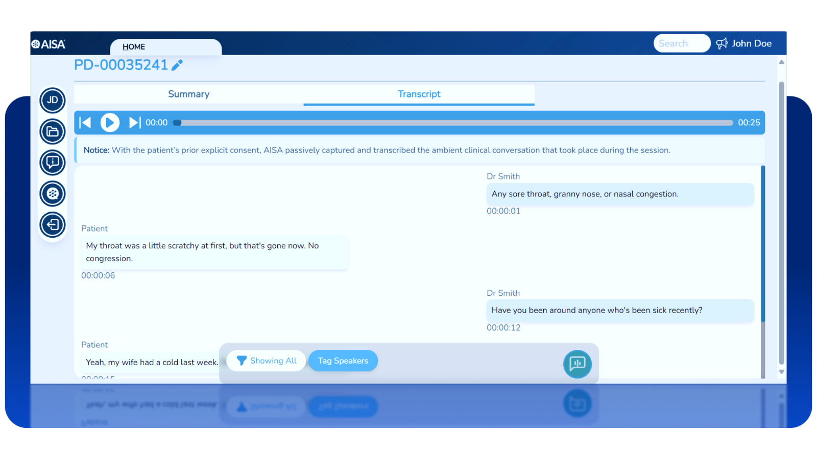 AISA verbatim transcript and audio review interface