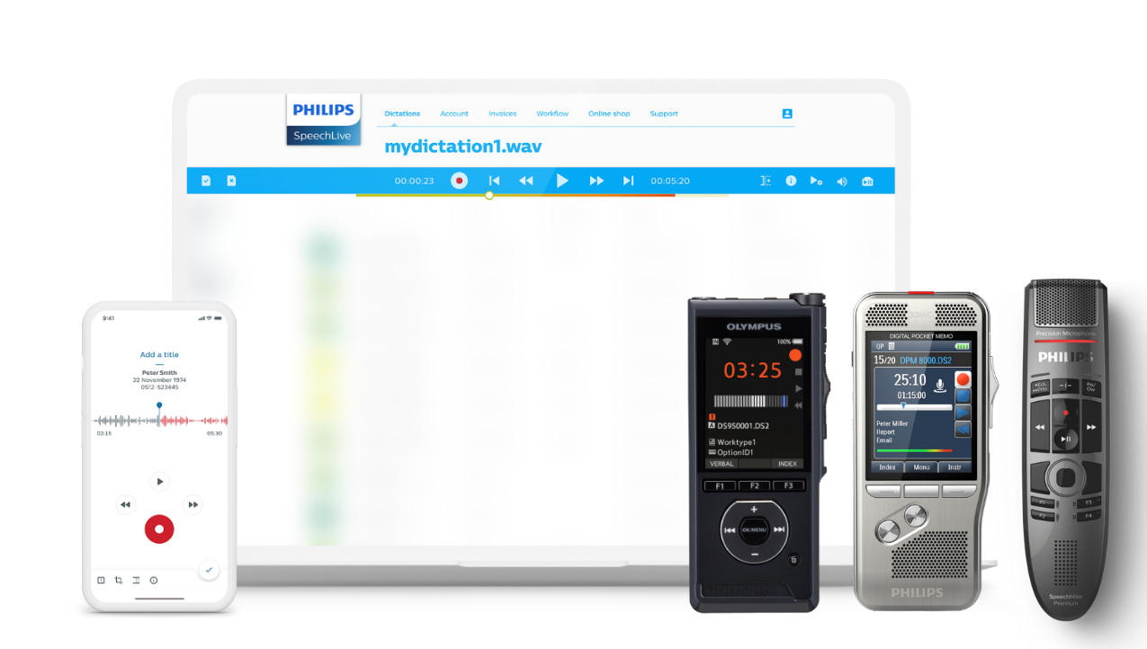 Dictate with a dictation voice recorder, SpeechMike or SpeechLive Dictation Recorder App